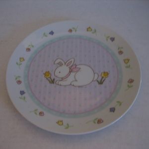 Papel Designed & Hand Decorated White Porcelain Plate with Bunny Smelling Flower